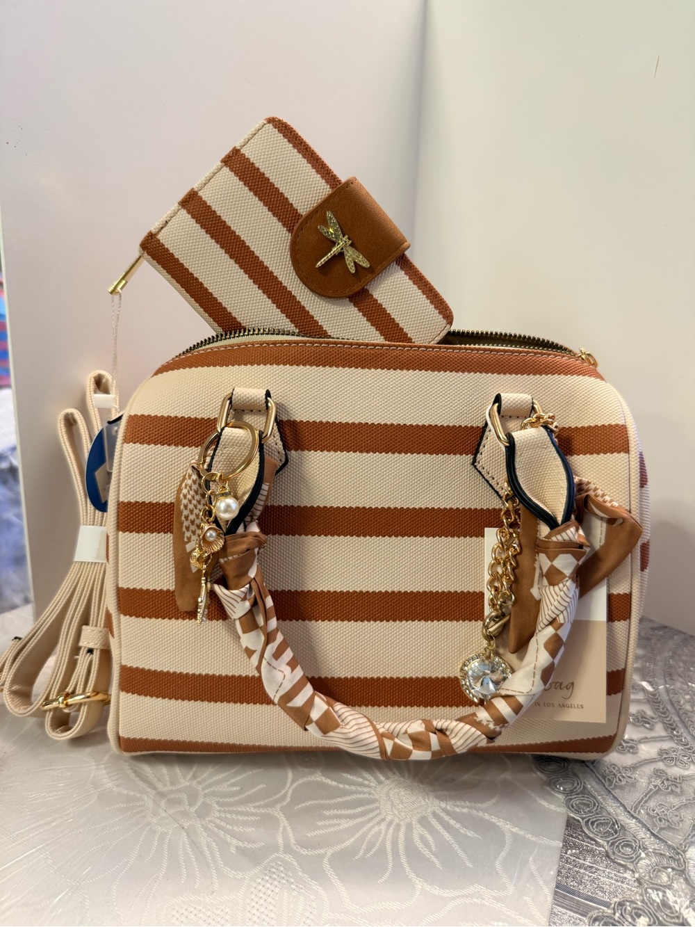 Striped Tan and Cream Women's Satchel with Decorative Charms